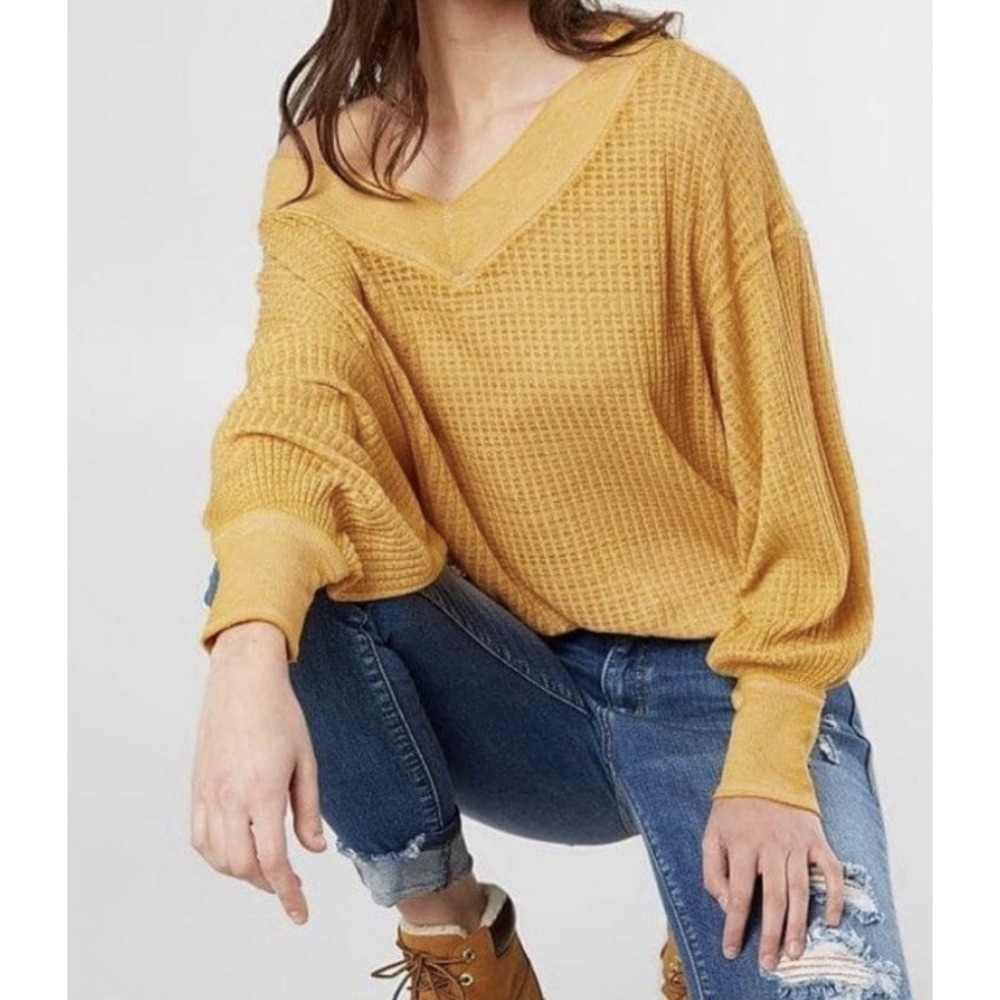 We The Free Women's M South Side Free People Mustard Yellow Thermal Knit Top